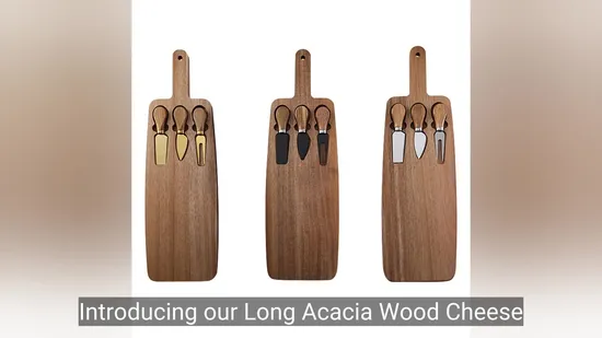 Long Acacia Wood Cheese Board with Cutlery Set for Outdoor Camping 